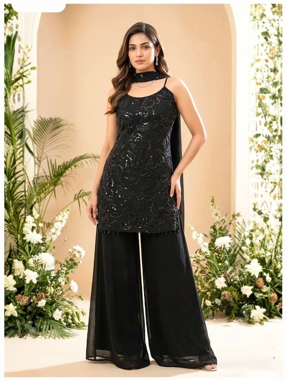 Black Sequin Embroidered Kurta with Palazzo Set