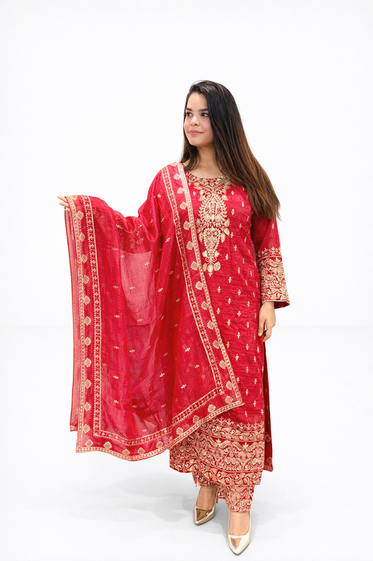 Red Zari Embroidered Suit Set