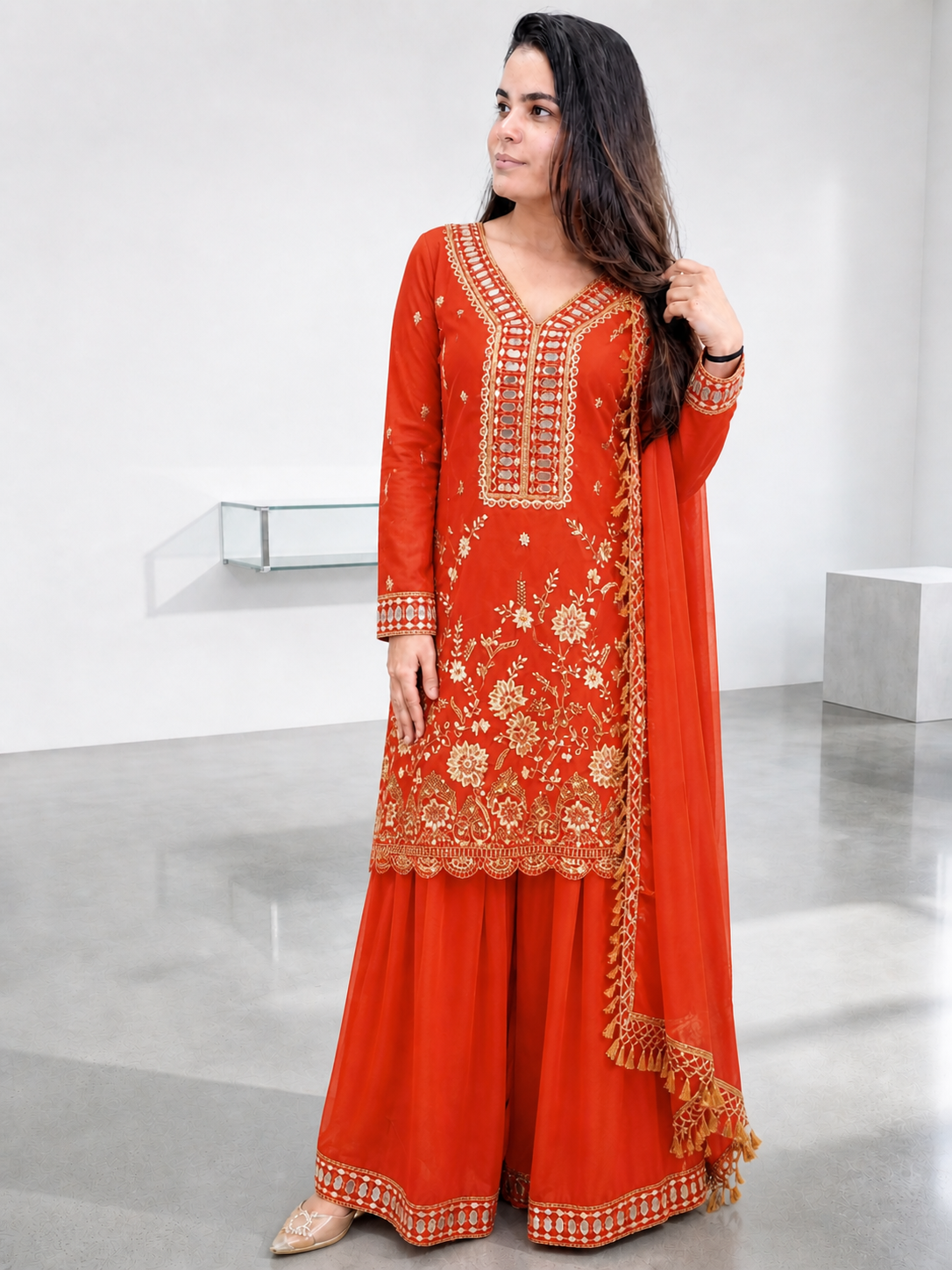 Orange Embroidered Sharara Suit