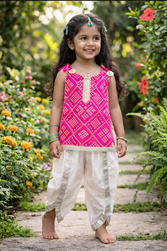 Girls Bandhani Kurti with Dhoti Set