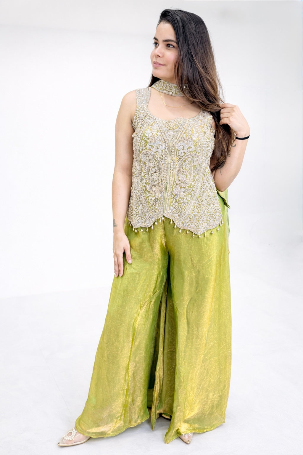 Green Embroidered Top & Palazzo Set