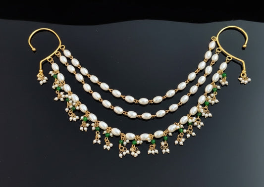 Pearl & Green Bead 3-Strand Hair Ear Cuff Accessory