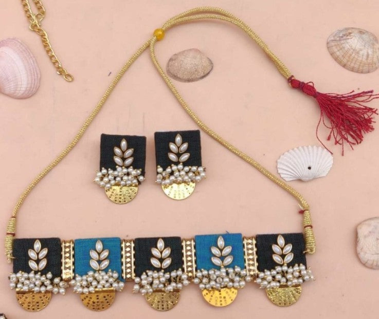 Black & Teal Fabric Kundan Choker Necklace Set