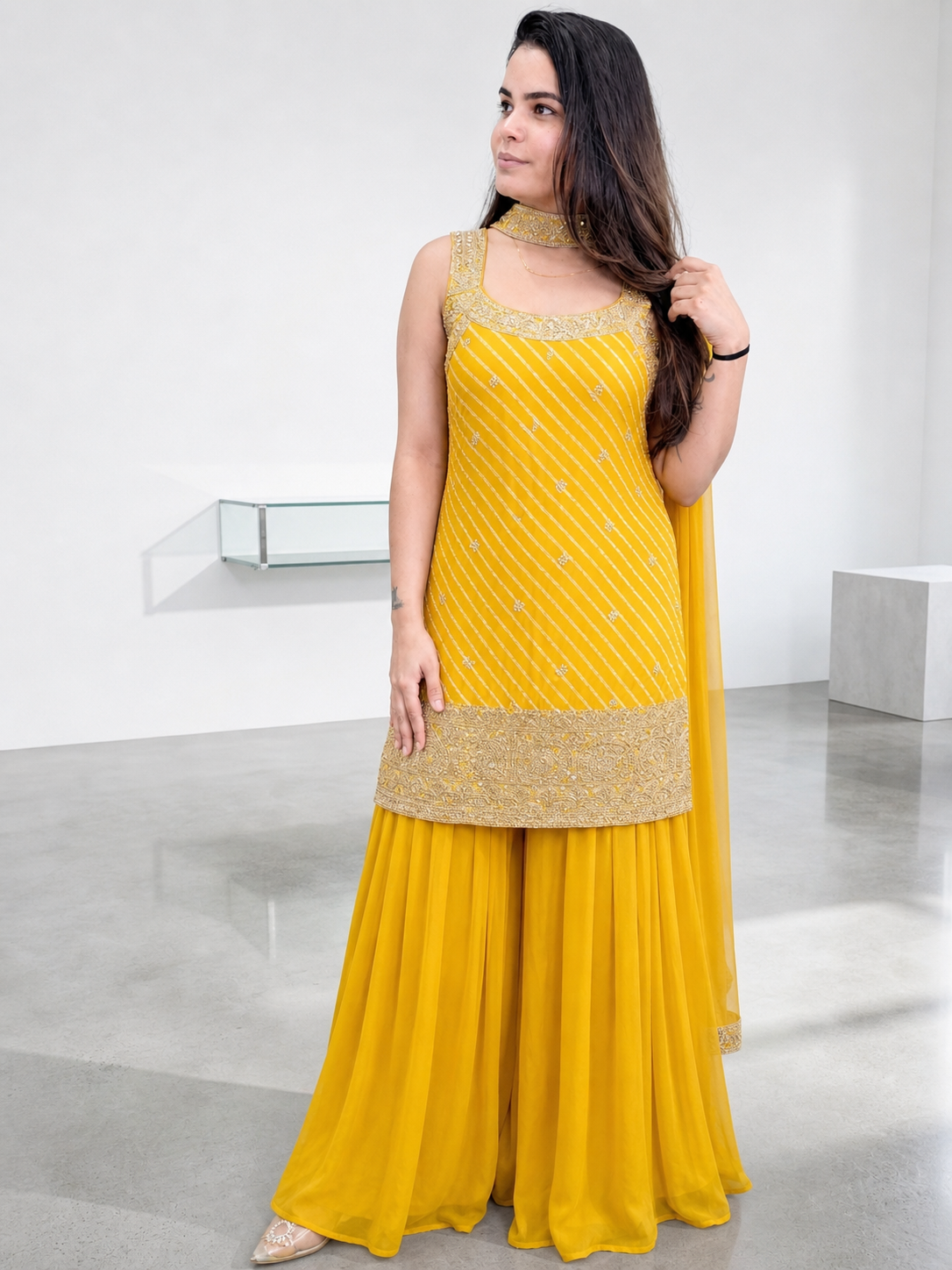 Yellow Lehariya Sharara Suit