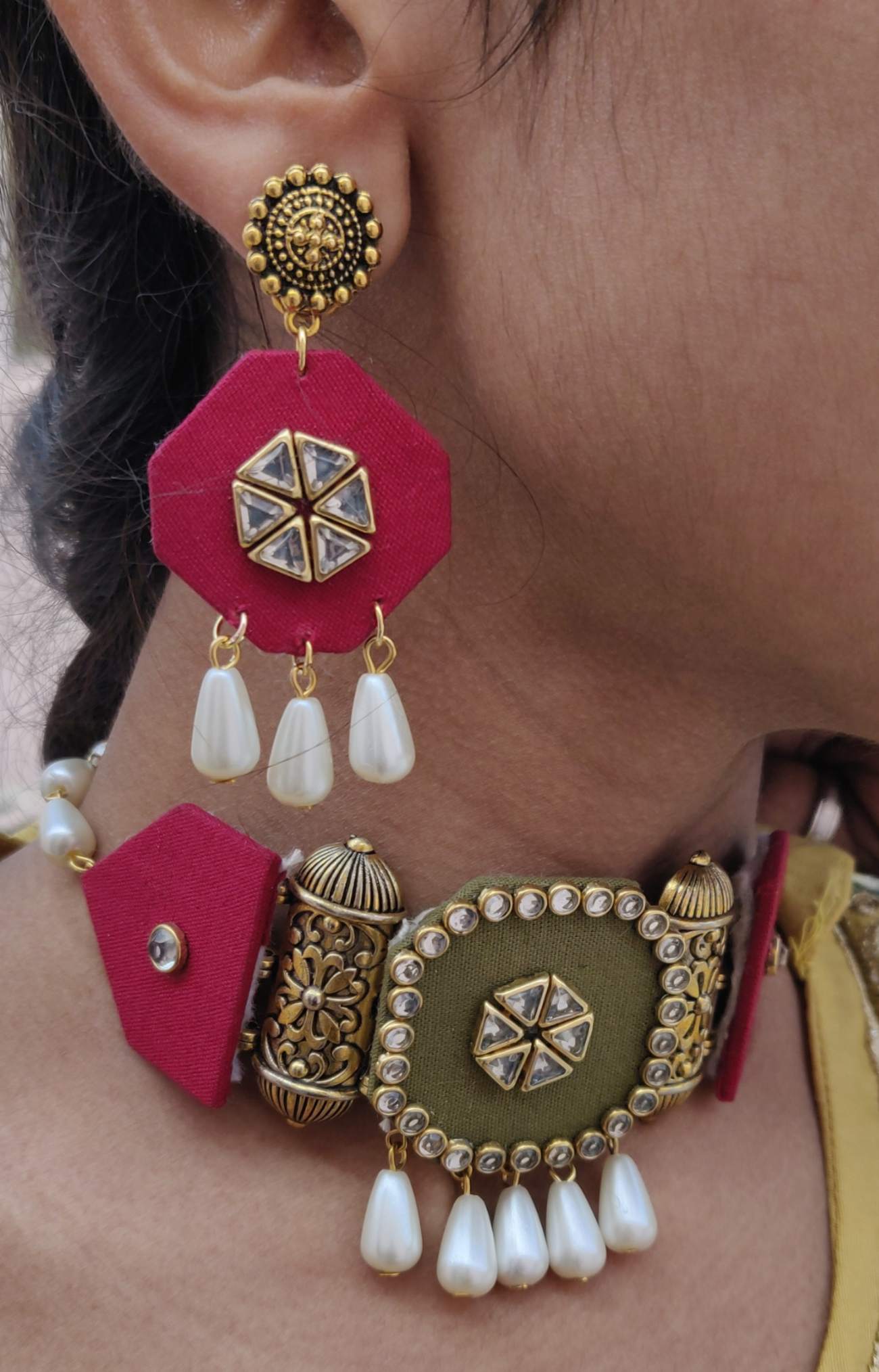 Handmade Pink Fabric Kundan Stone Pearl Choker Necklace Set