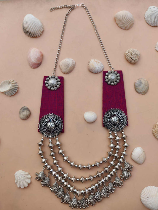 Handmade Pink Fabric Silver Bead 3-Layer Necklace with Tortoise Charm