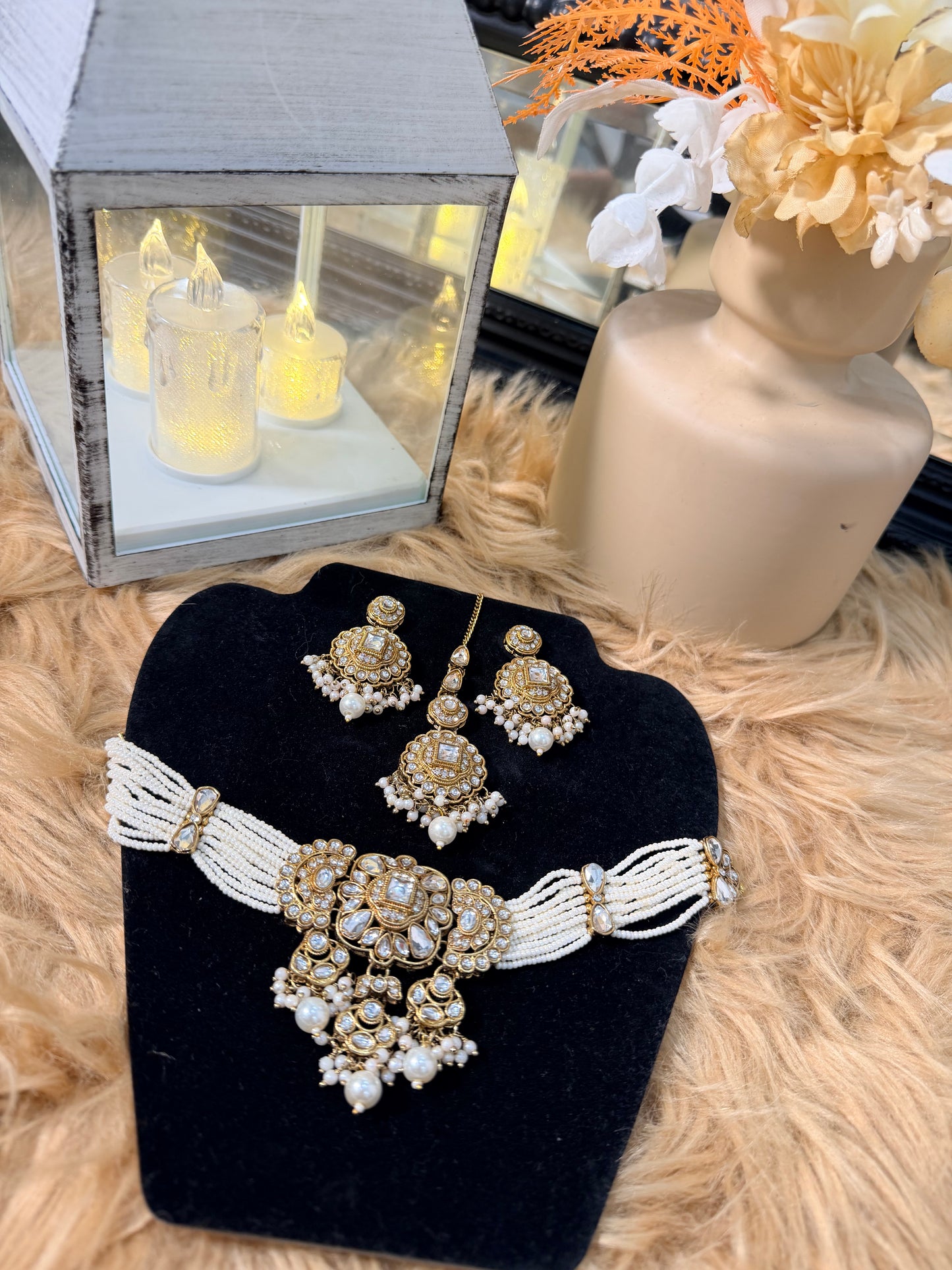 White Pearl Polki Choker, Chandbali & Tikka Set