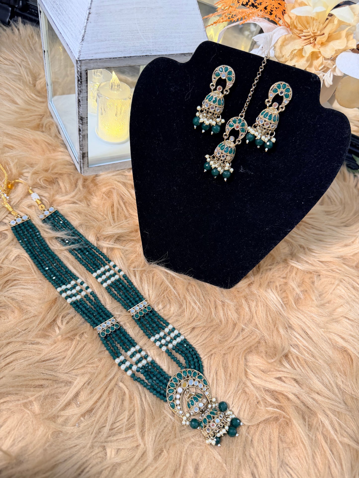 Emerald Green Crystal Jhumka Necklace, Earring & Tikka Set