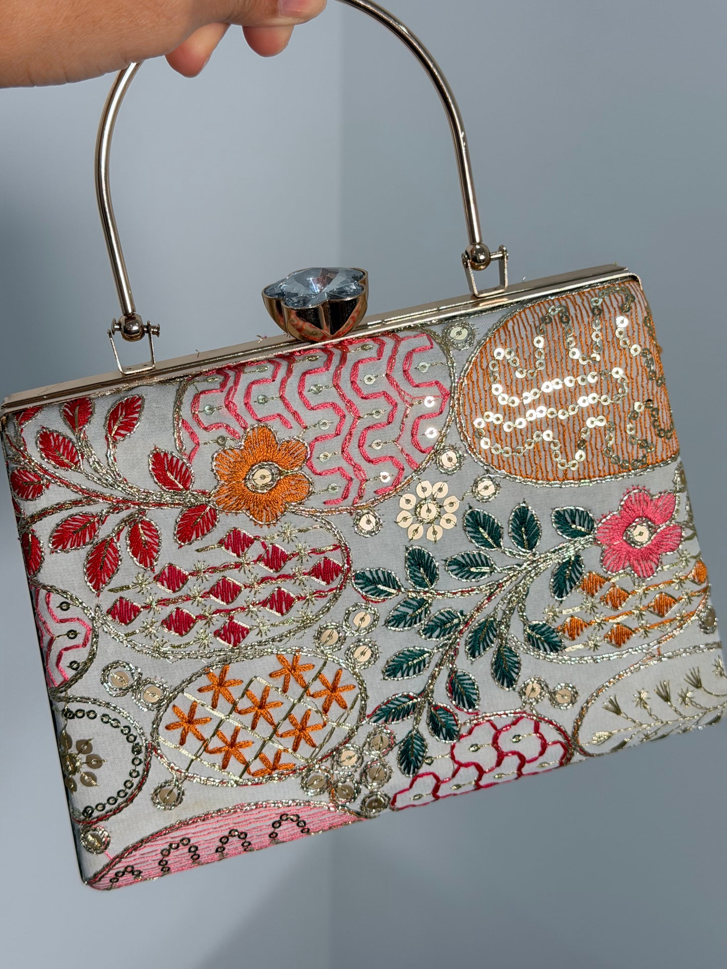 Cream Embroidered Box Clutch with Gold Handle