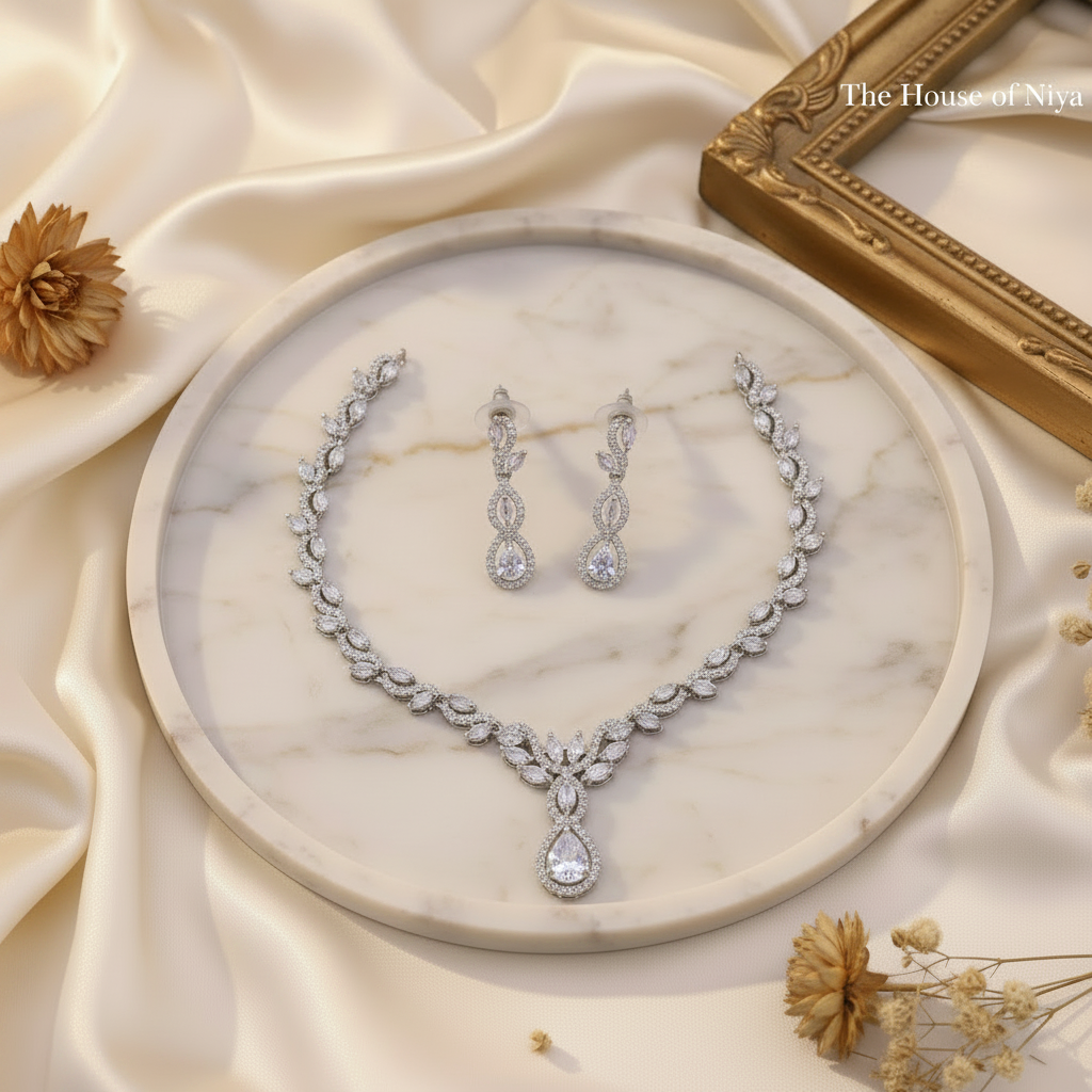 Silver Crystal AD Marquise Drop Necklace Set