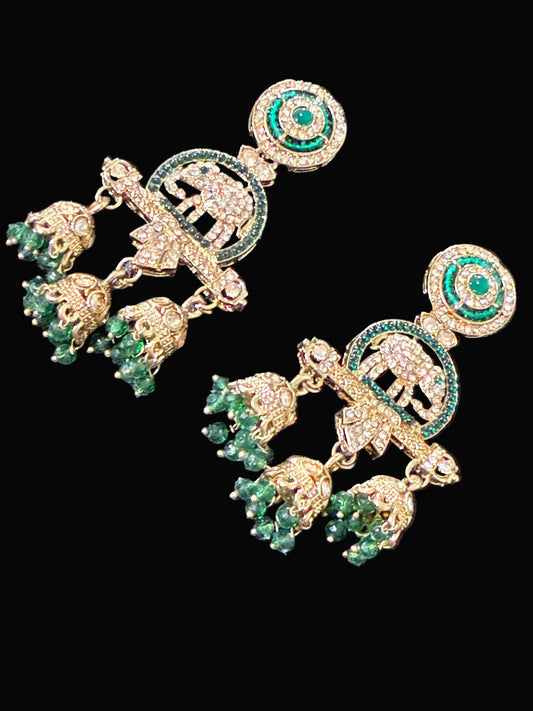Emerald Elephant Motif Jhumka Earrings