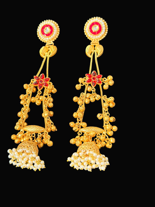 Antique Gold Ruby Meenakari Kashmiri Long Jhumka Earrings