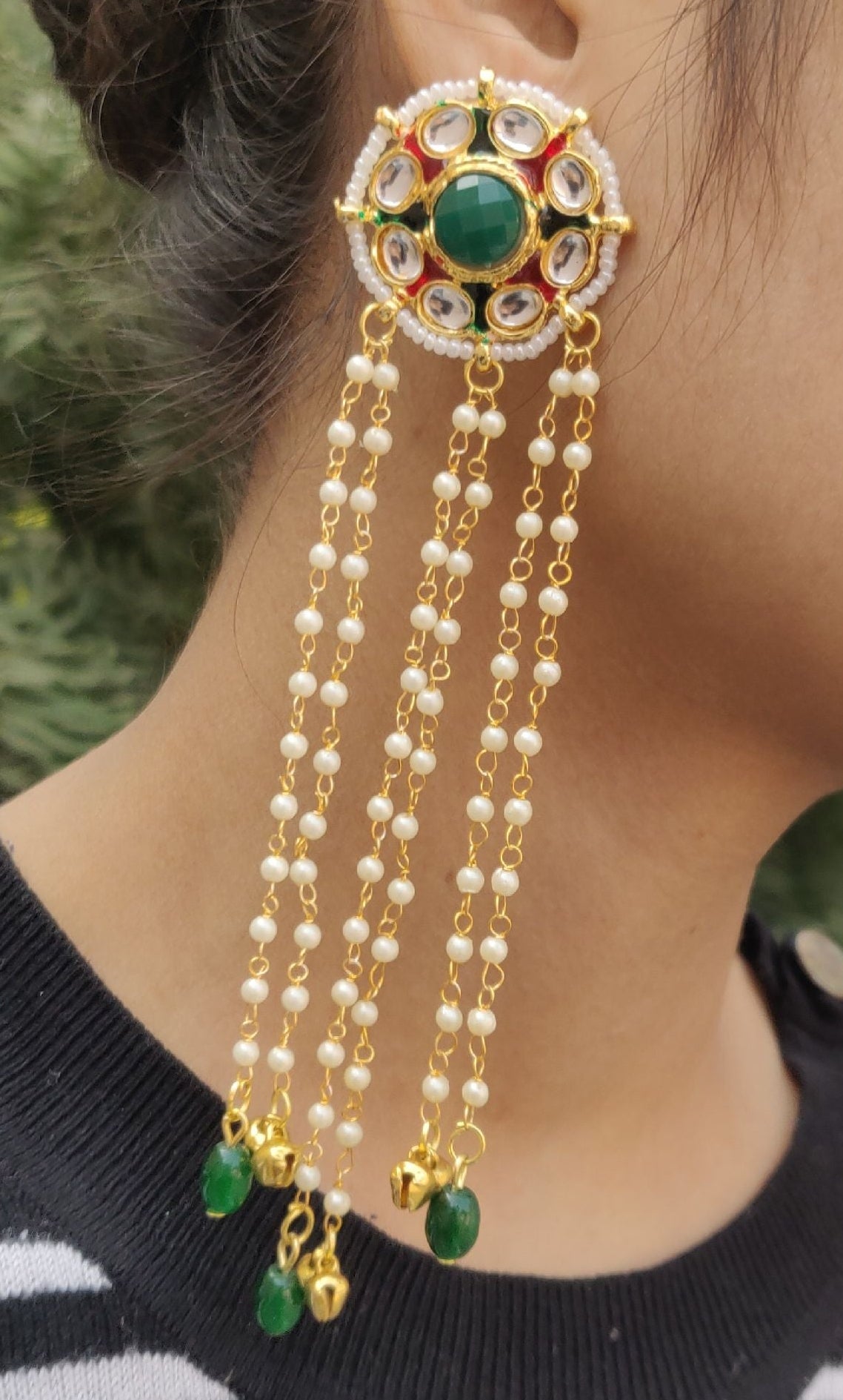 Gold Kundan Pearl Tassel Drop Earrings
