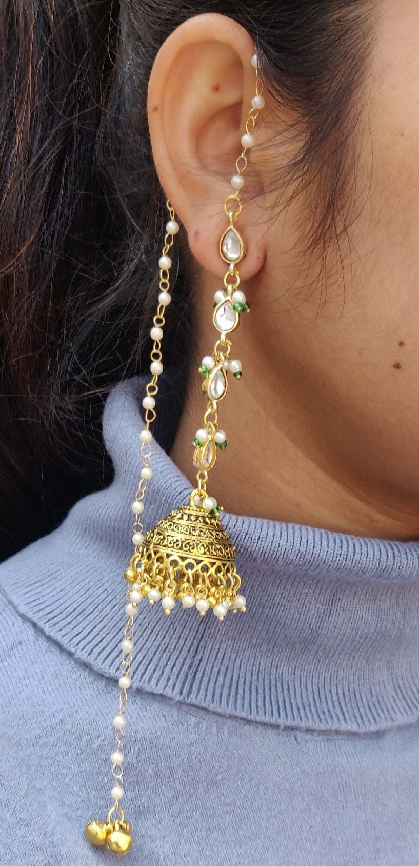 Gold Pearl Jhumka Earrings with Ear Chain