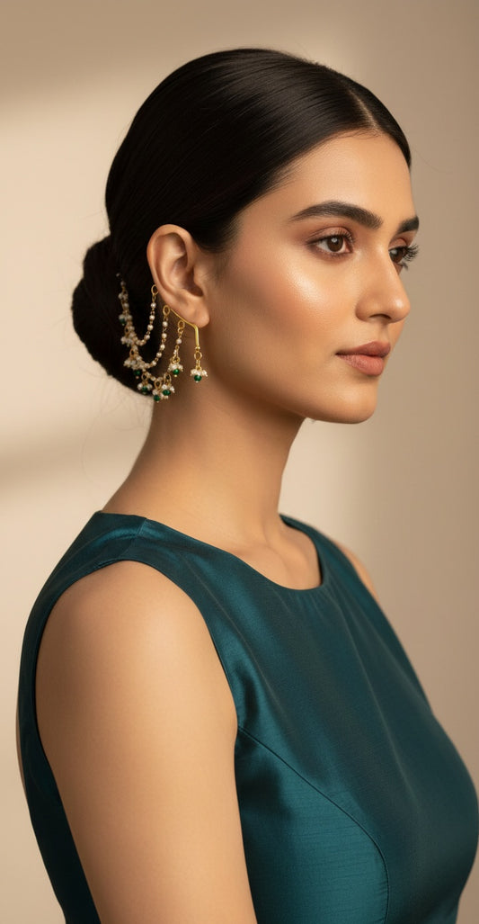 Gold Plated Pearl & Green Bead Ear Chain Earrings