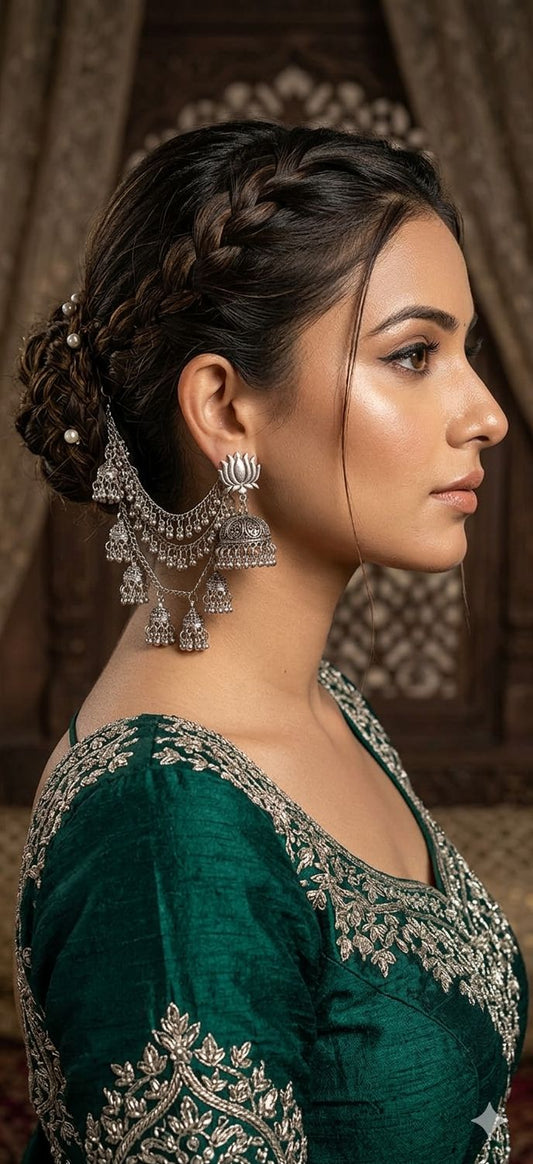 Silver Oxidised Lotus Jhumka with Ghungroo Hair Chain