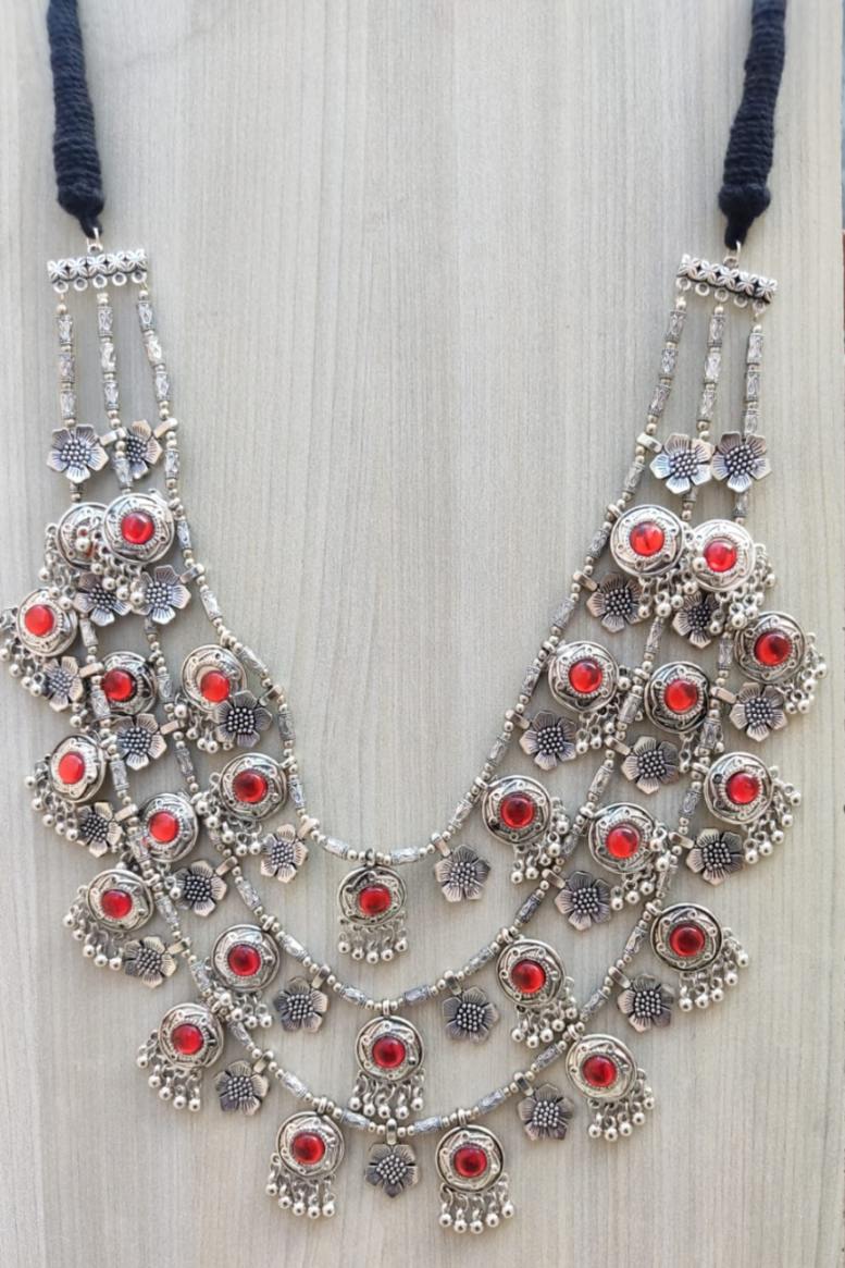 Oxidised Silver Red Stone Flower 3-Layer Necklace
