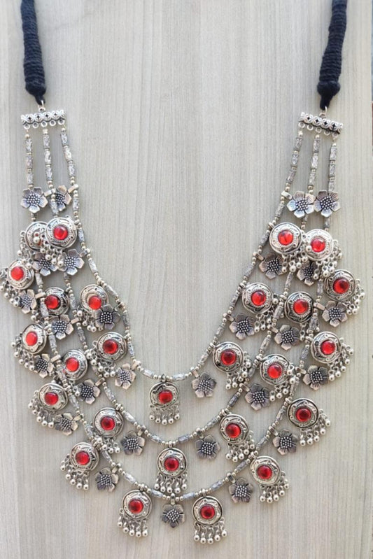 Oxidised Silver Red Stone Flower 3-Layer Necklace