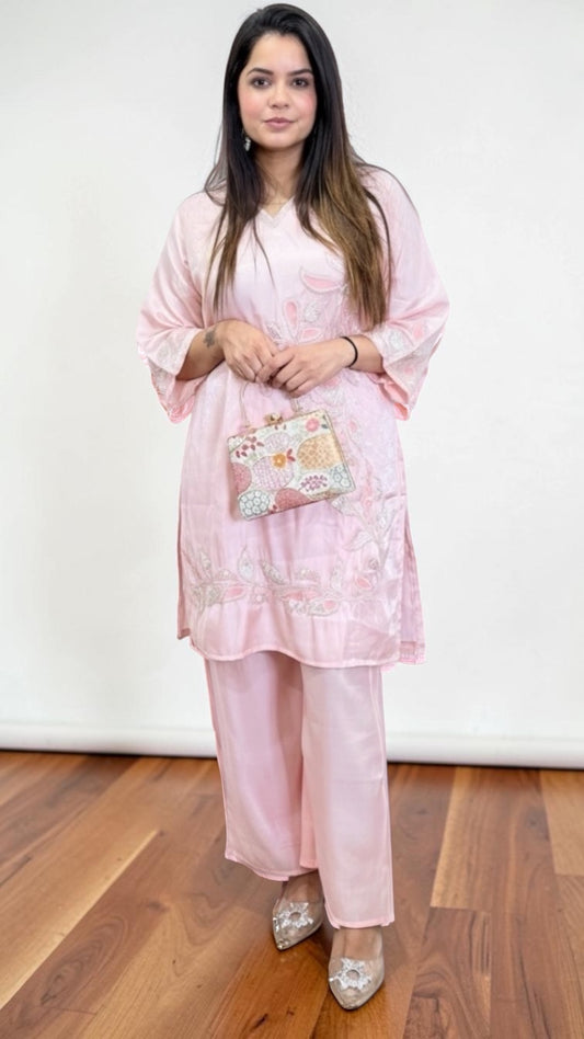 Blush Pink Embroidered Kurta & Palazzo Co-ord Set