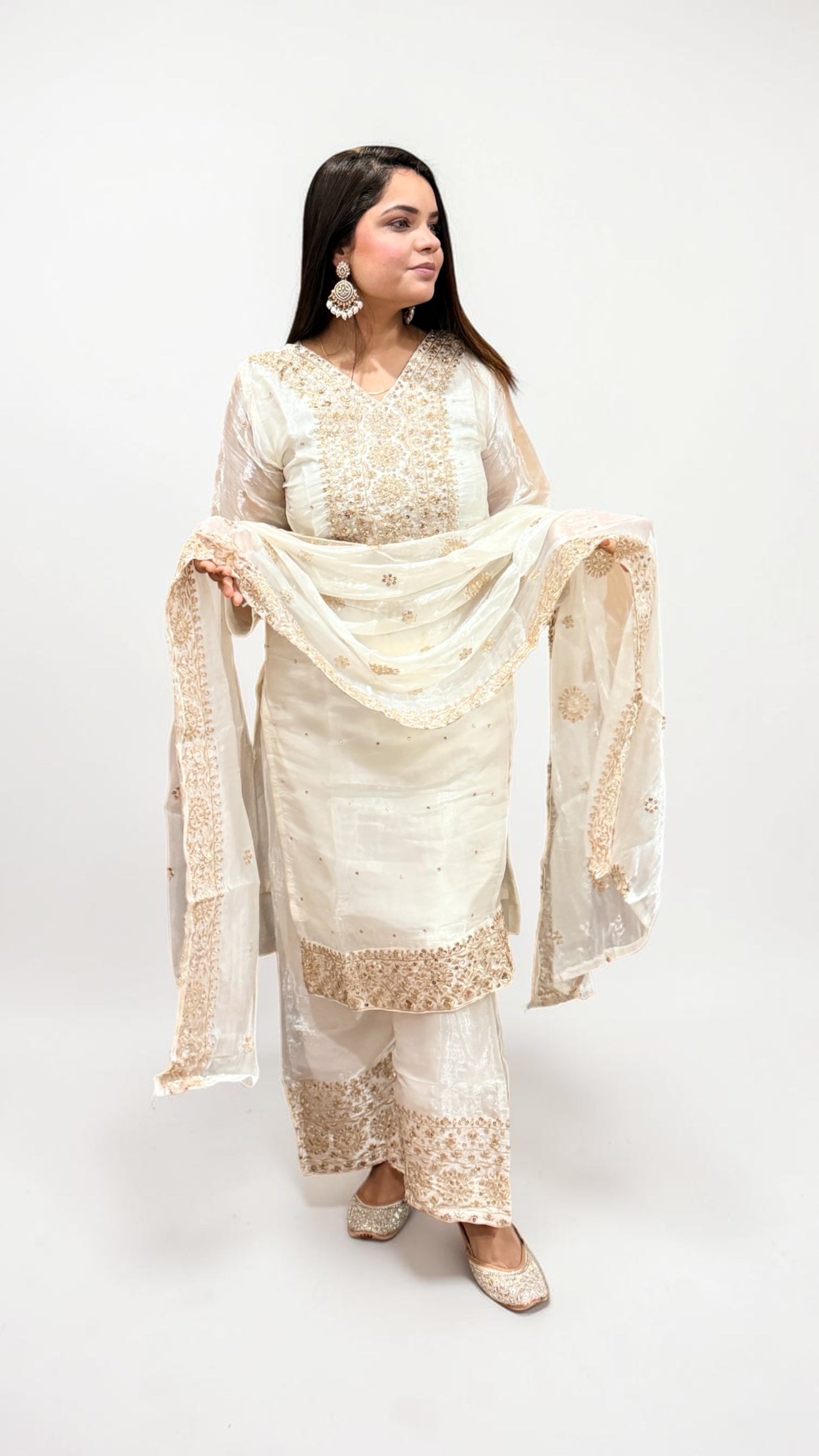 Off-White Gold Zari Embroidered Suit with Dupatta