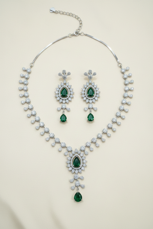 Emerald & Diamond Jewellery Set – Soft Cream Background