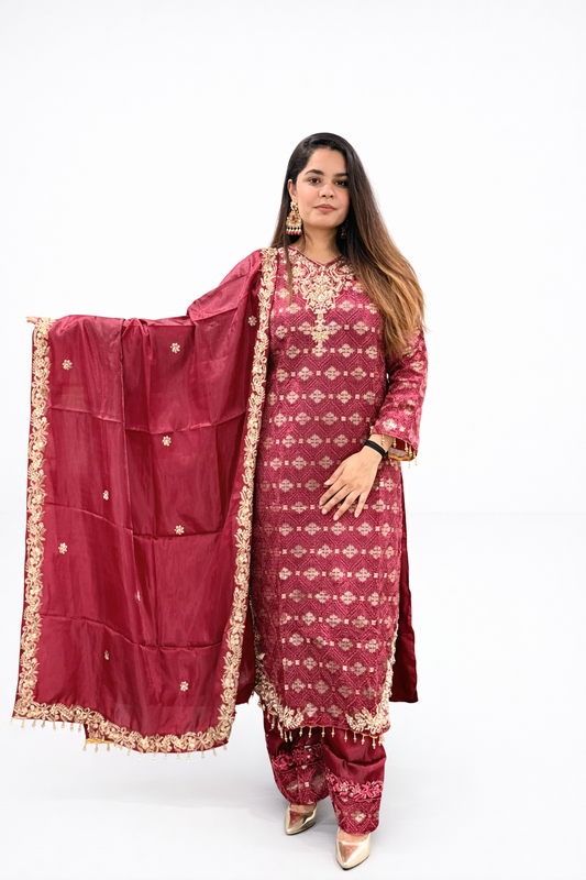 Maroon Zari Embroidered Suit Set