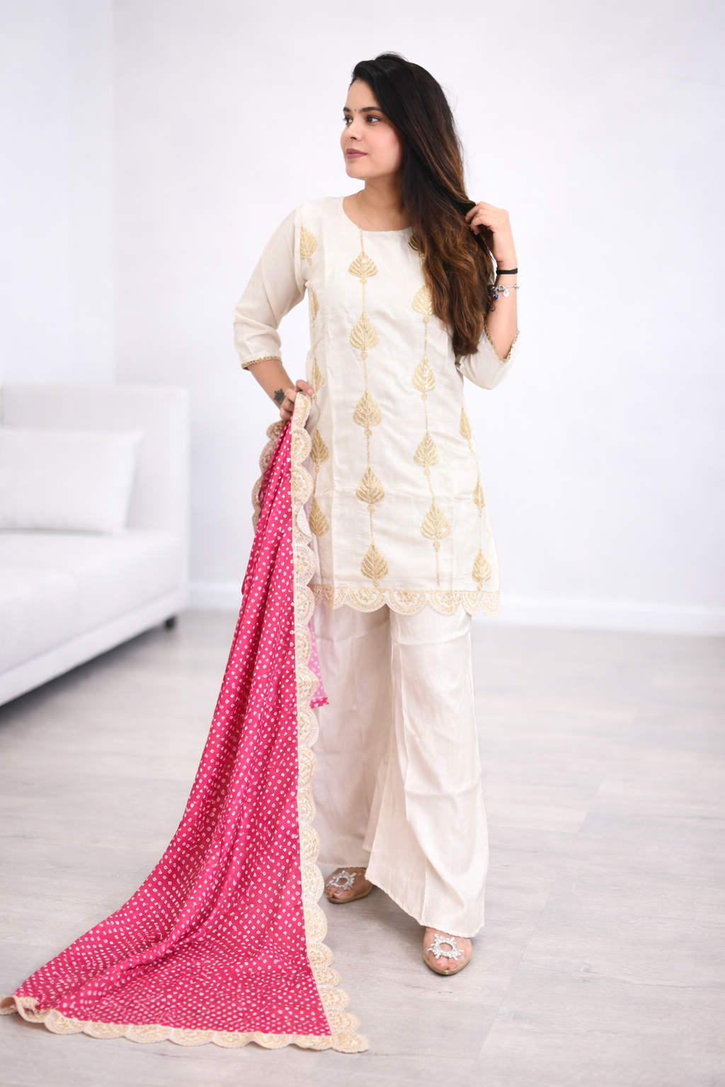 Ivory Bandhani Co-ord Set with Pink/Blue Dupatta (Optional)