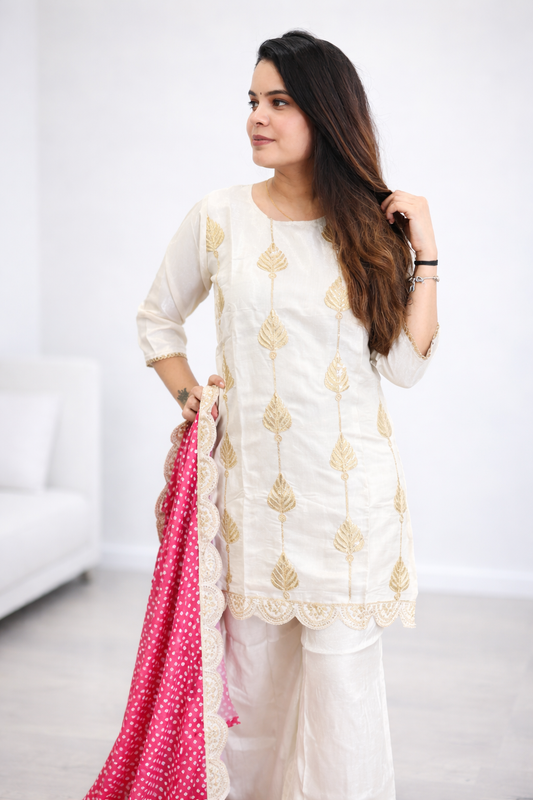 Ivory Bandhani Co-ord Set with Pink/Blue Dupatta (Optional)