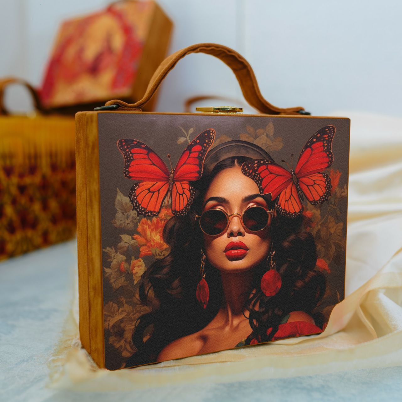 Suitcase Style Printed Satin Clutch
