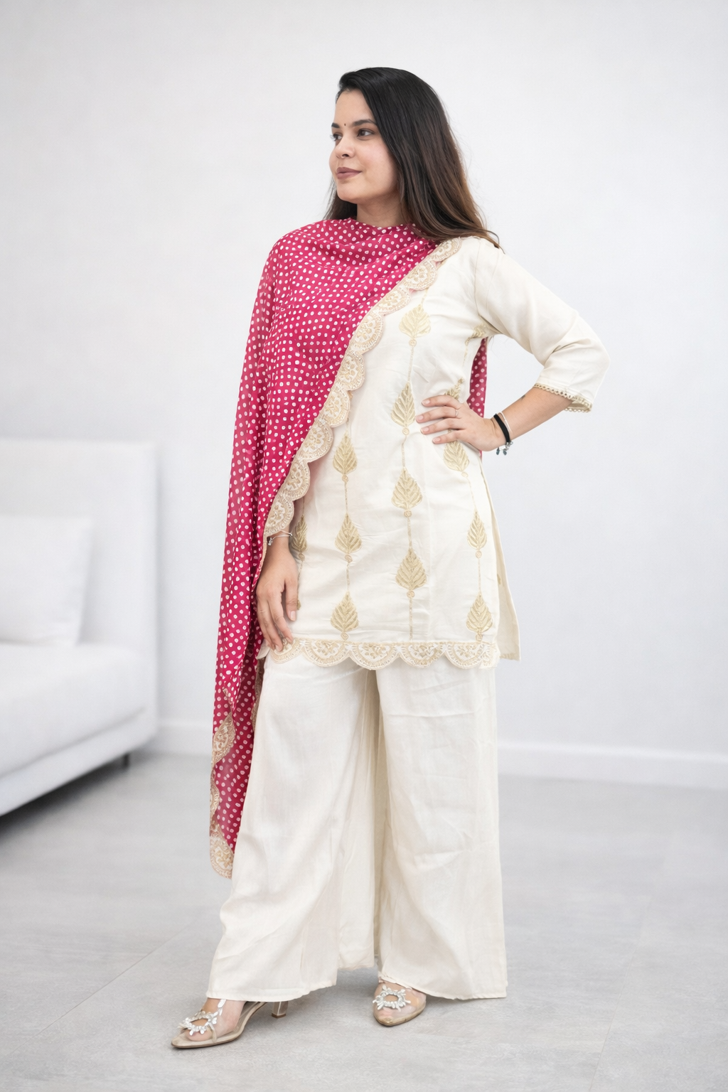 Ivory Bandhani Co-ord Set with Pink/Blue Dupatta (Optional)