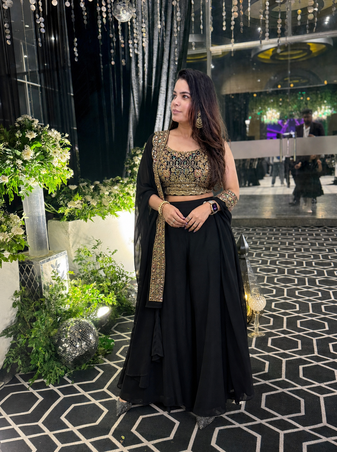 Black & Gold Embroidered Crop Top, Palazzo & Shrug Set