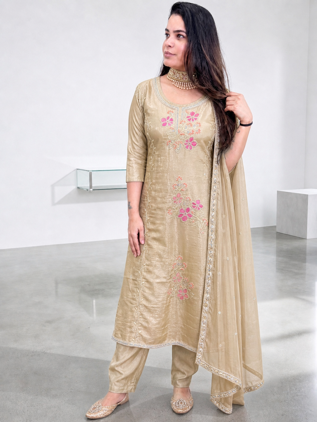 Beige Embroidered Salwar Suit with Dupatta