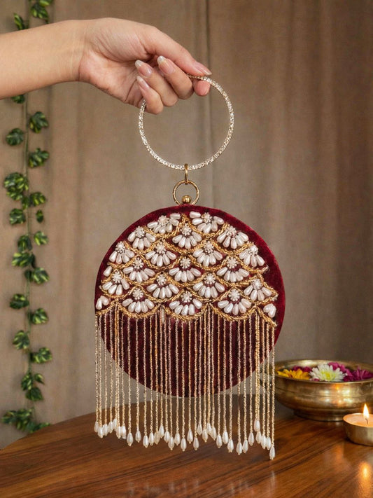 Round Handwork Velvet Clutch / Bridal Clutch