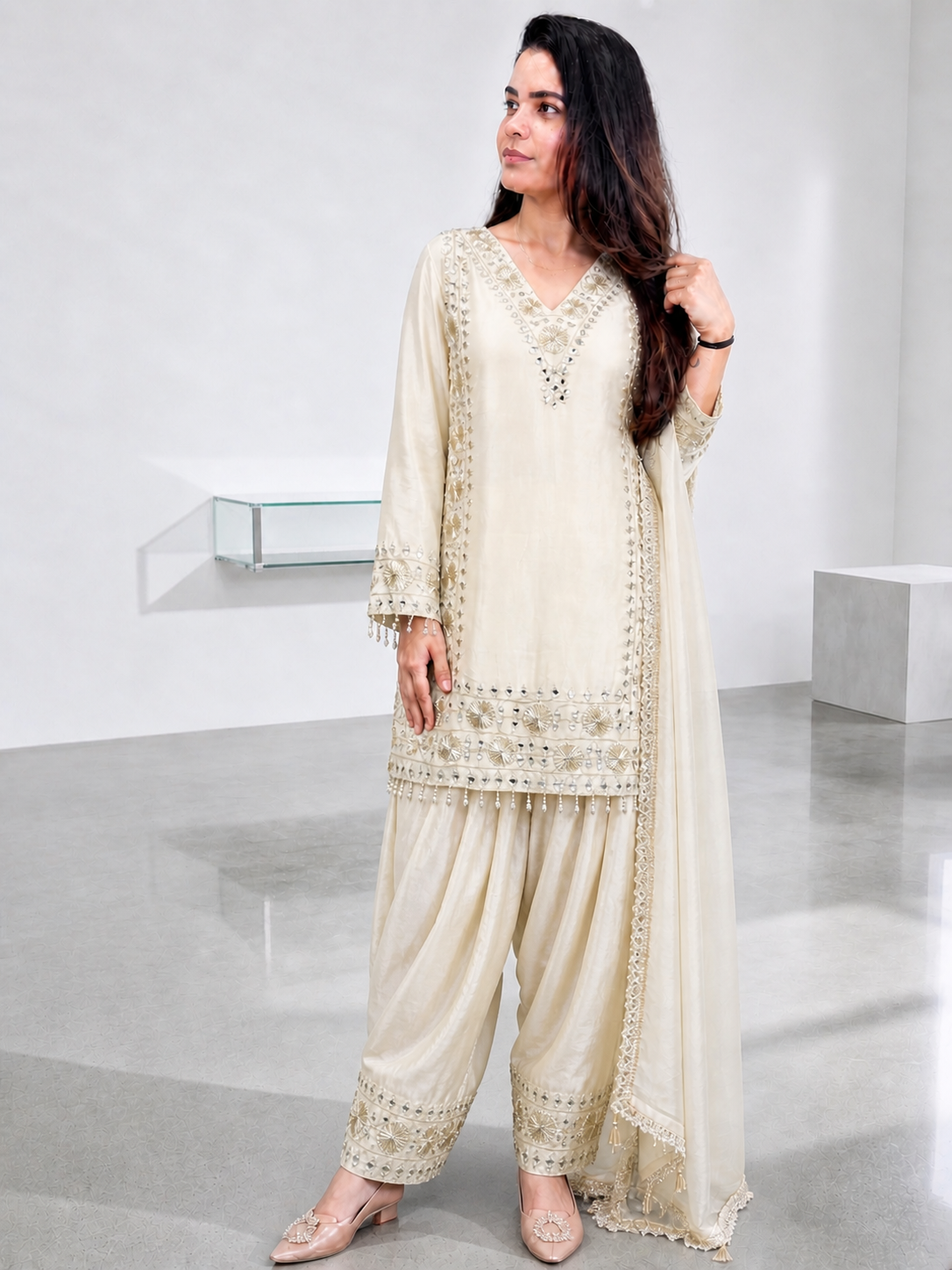 Ivory Mirror Work Salwar Suit with Dupatta