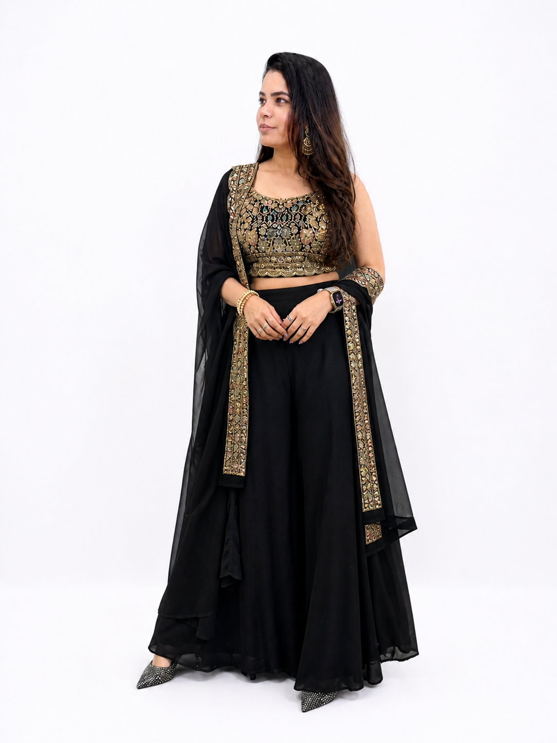 Black & Gold Embroidered Crop Top, Palazzo & Shrug Set