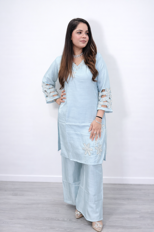 Ice Blue Pearl Embroidered Kurta & Palazzo Co-ord Set