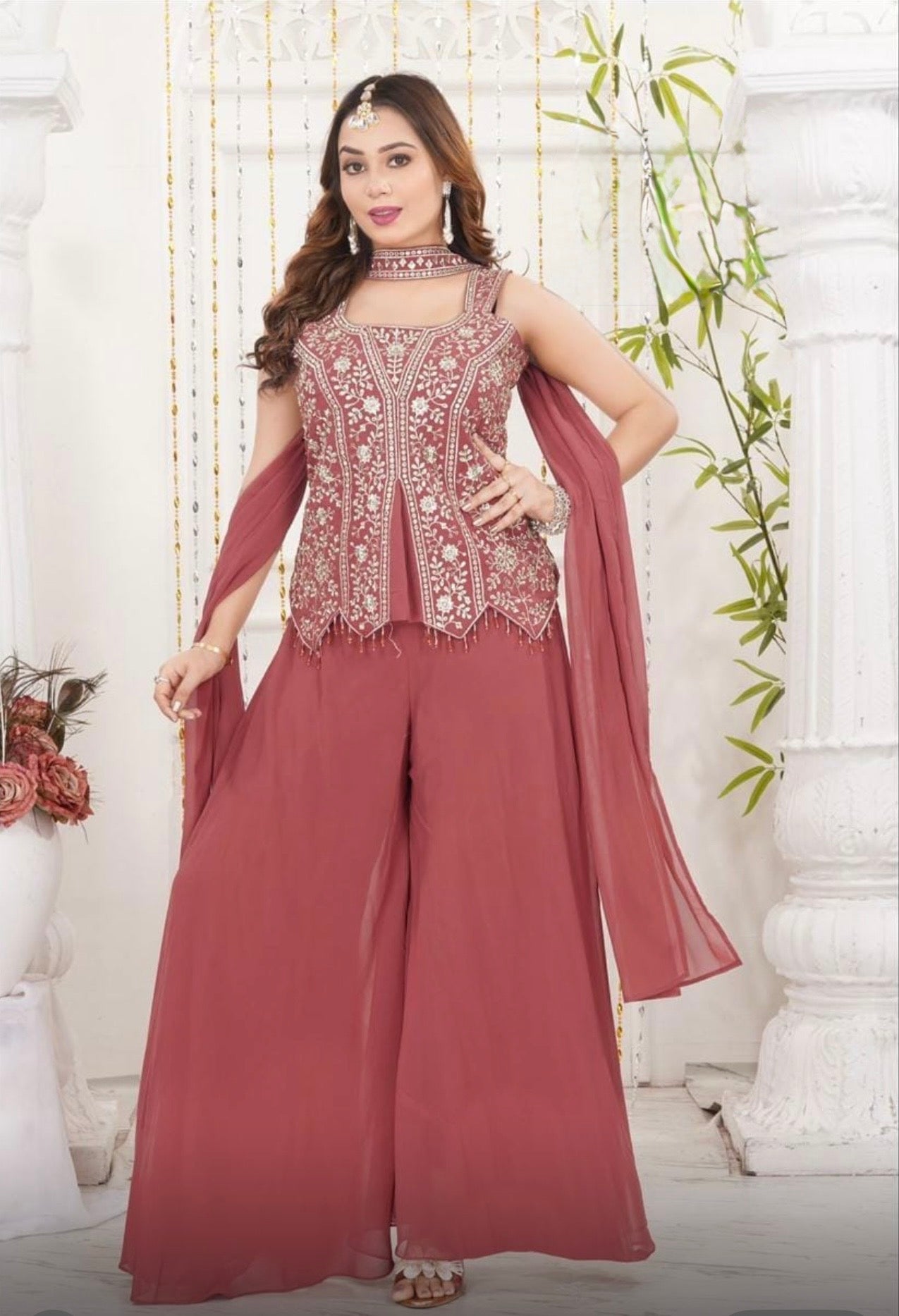 Embroidered Peplum Top with Palazzo & Dupatta – 3 Piece Set