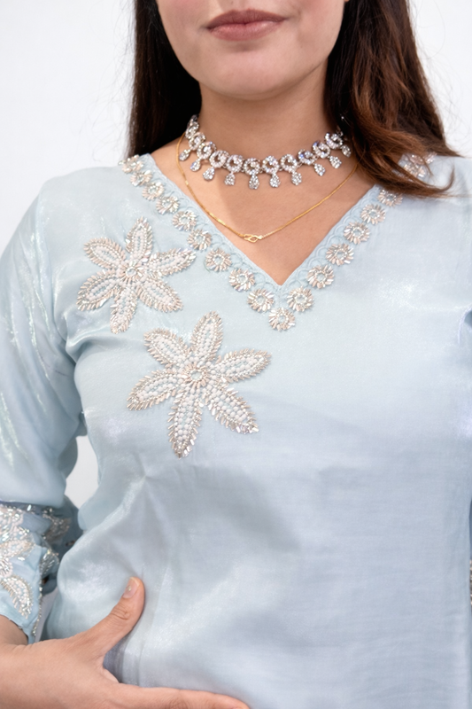 Ice Blue Pearl Embroidered Kurta & Palazzo Co-ord Set