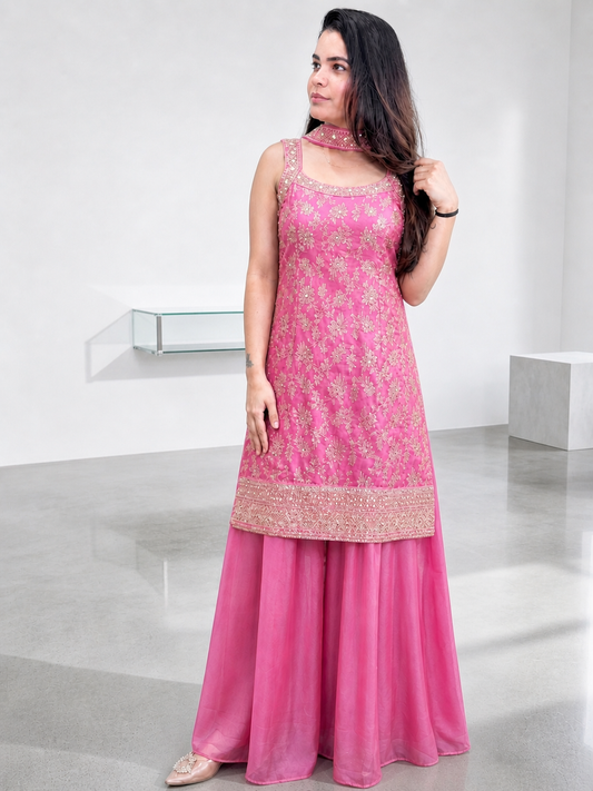 Pink Embroidered Sharara Set with Dupatta