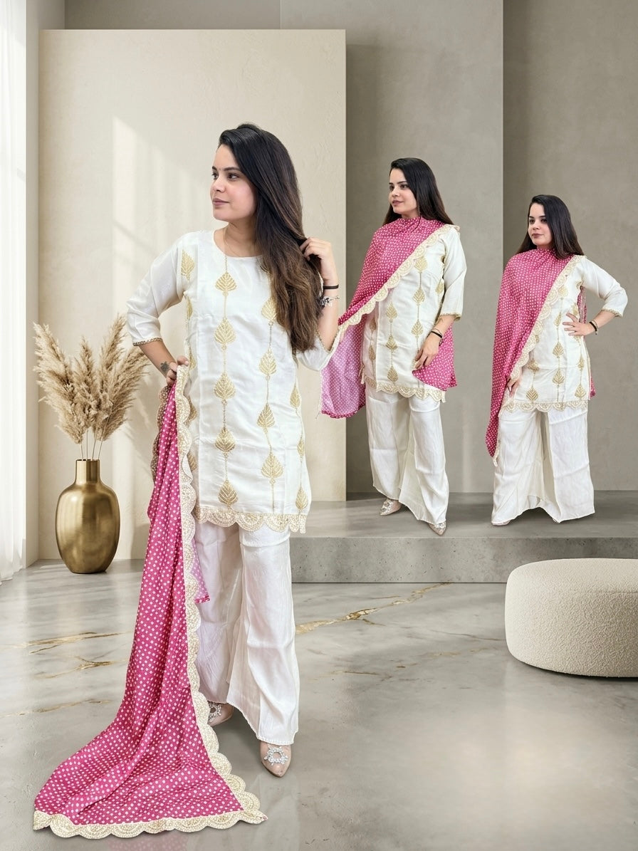 Ivory Bandhani Co-ord Set with Pink/Blue Dupatta (Optional)