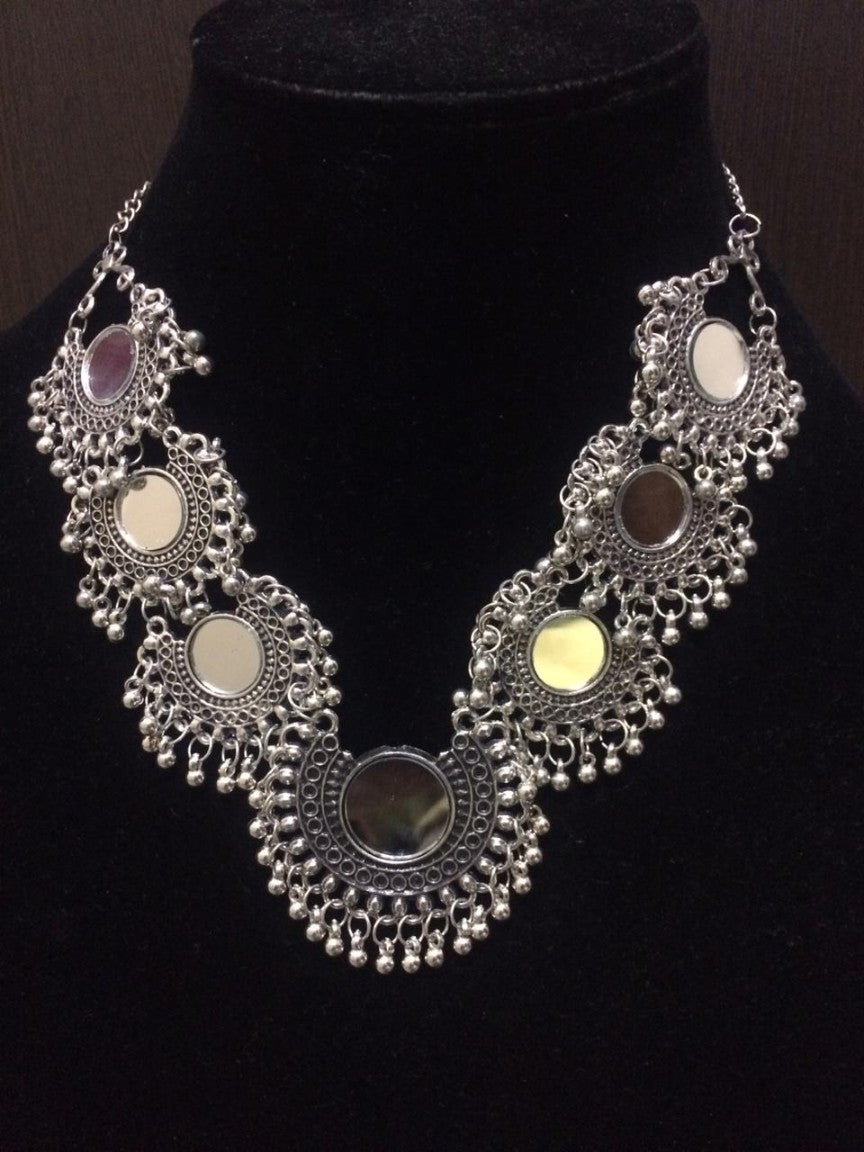 Afghani Oxidised Silver Mirror Chandbali Necklace