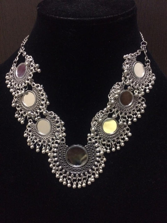 Afghani Oxidised Silver Mirror Chandbali Necklace