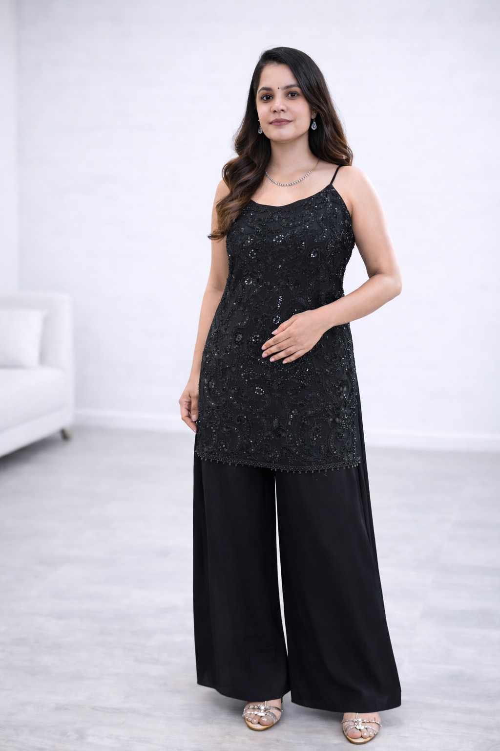 Black Sequin Embroidered Kurta with Palazzo Set