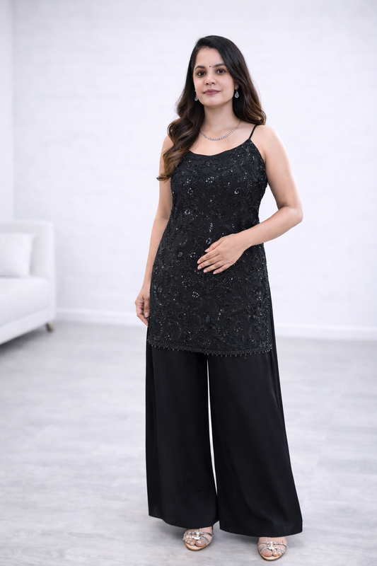 Black Sequin Embroidered Kurta with Palazzo Set