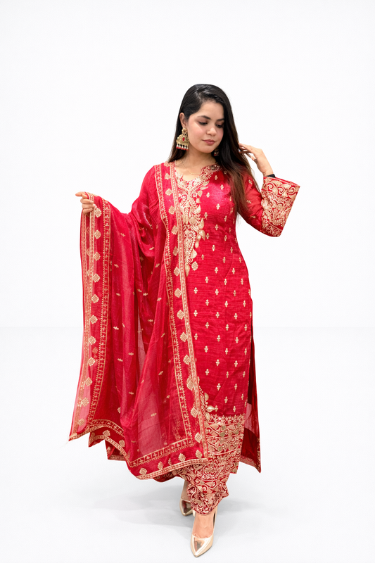 Red Zari Embroidered Suit Set