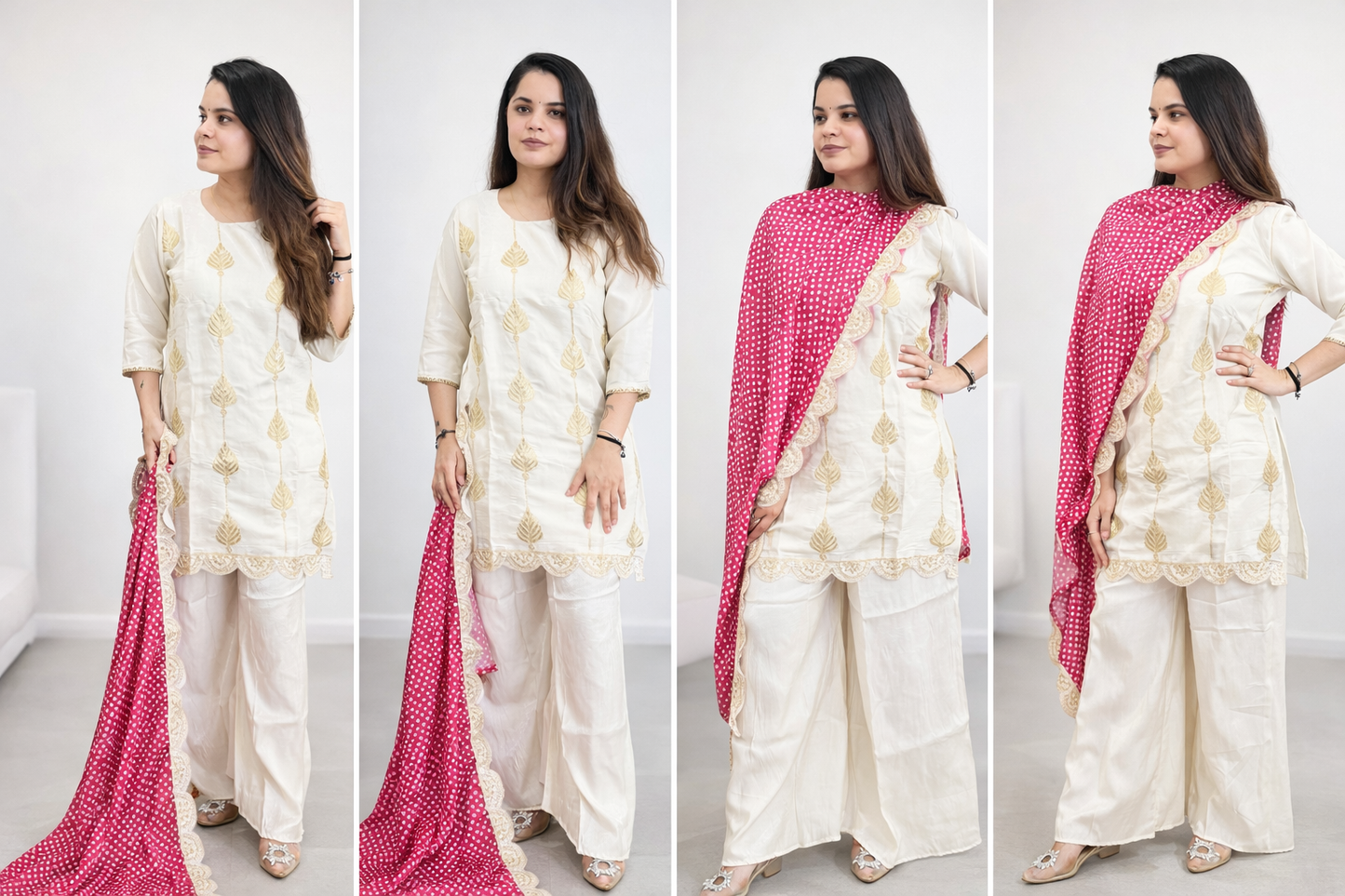 Ivory Bandhani Co-ord Set with Pink/Blue Dupatta (Optional)