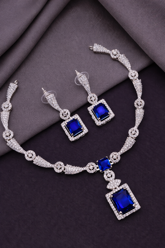 Royal Blue Sapphire Rectangle AD Necklace Set