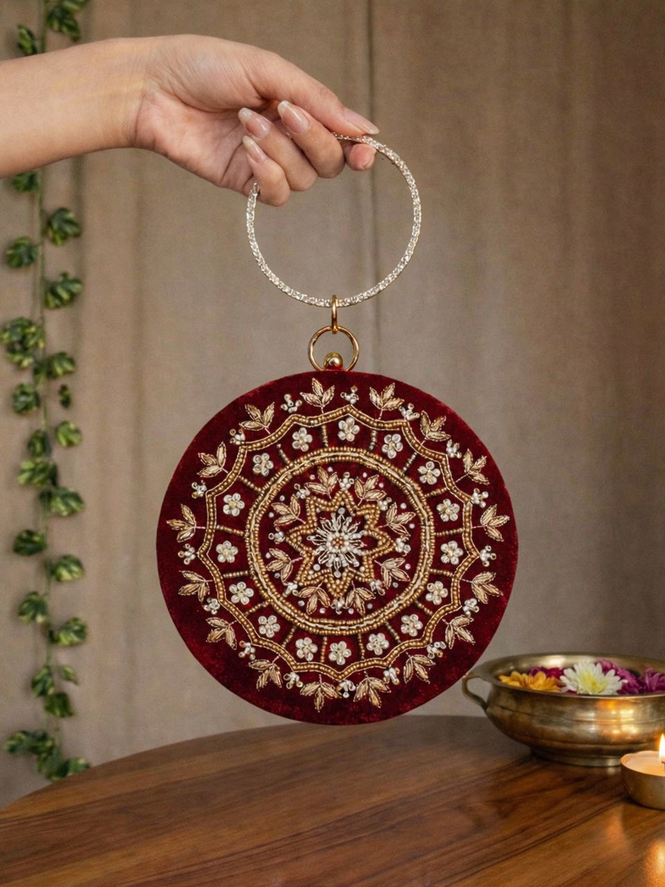 Round Handwork Velvet Clutch / Bridal Clutch