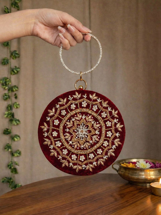Round Handwork Velvet Clutch / Bridal Clutch