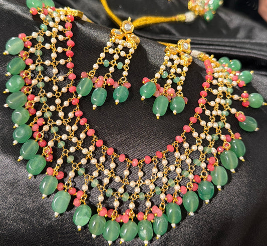 Jalidar Kundan Choker Set in Jade & Coral